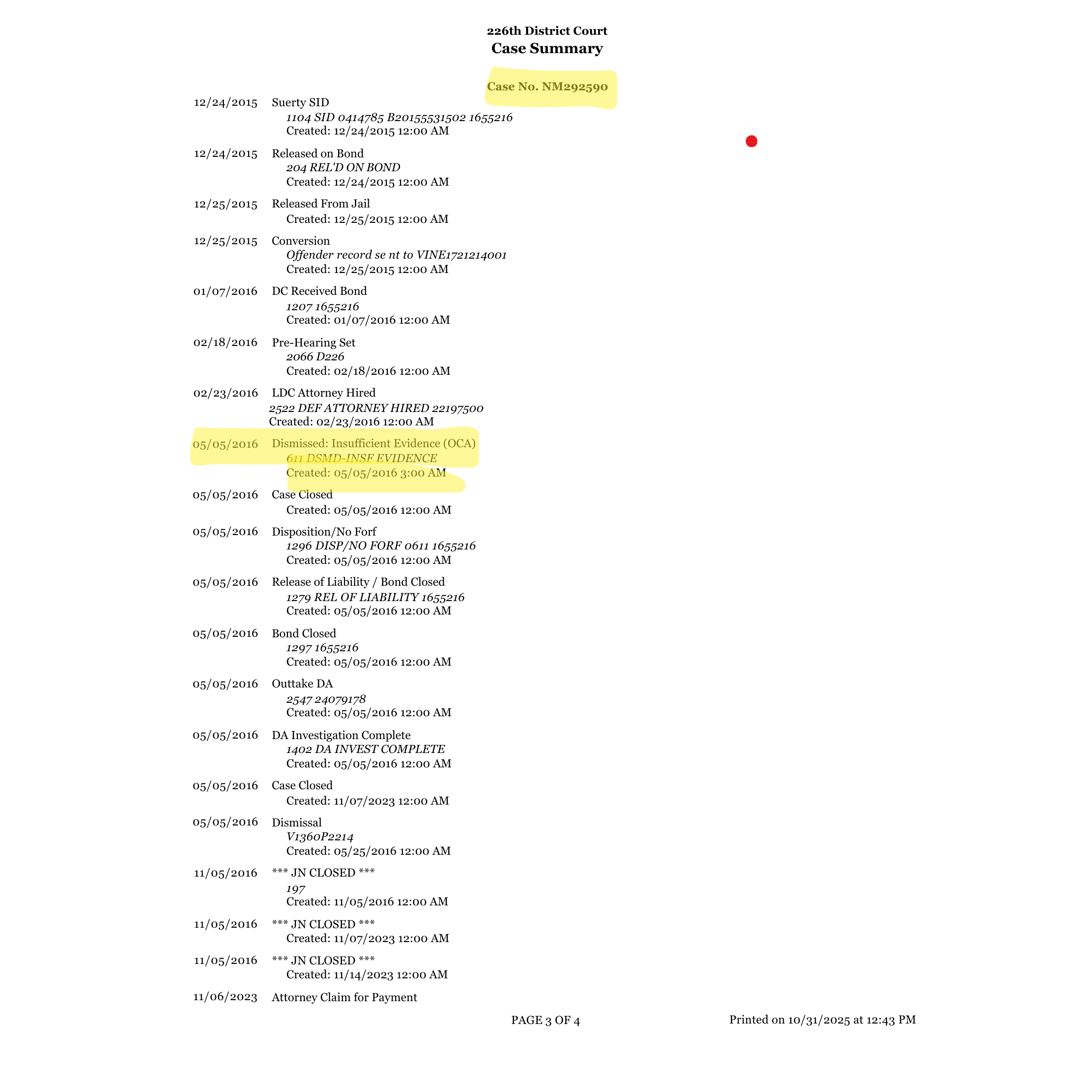 Case NM292590 Dismissed