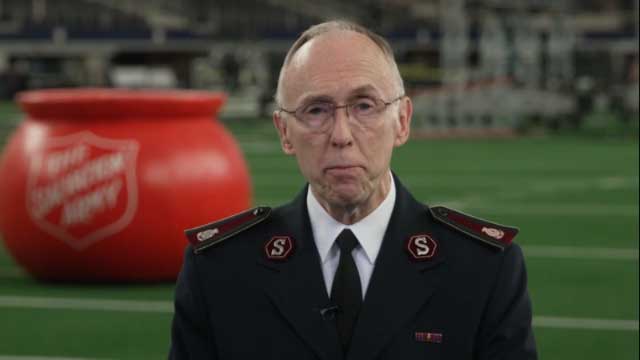 The Salvation Army's National Commander, Commissioner Kenneth Hodder, is joined by Jerry and Charlotte Jones in announcing the 2022 kickoff for the 132nd Red Kettle Campaign.