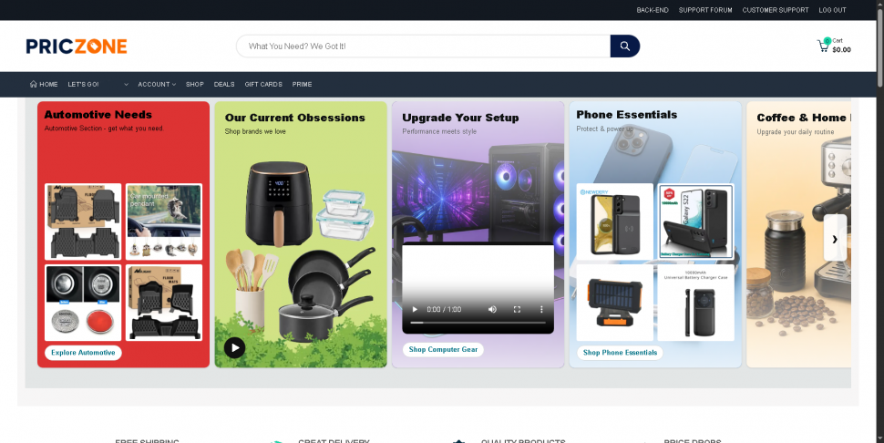 PricZone Main Page Customer Logged In